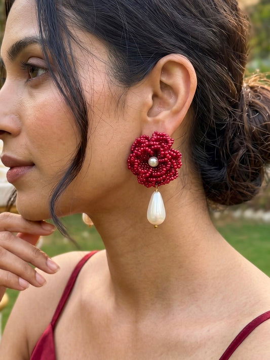 Crochet Deep Red 3D Rose Pearl Drops Flower Handmade Beaded Earrings
