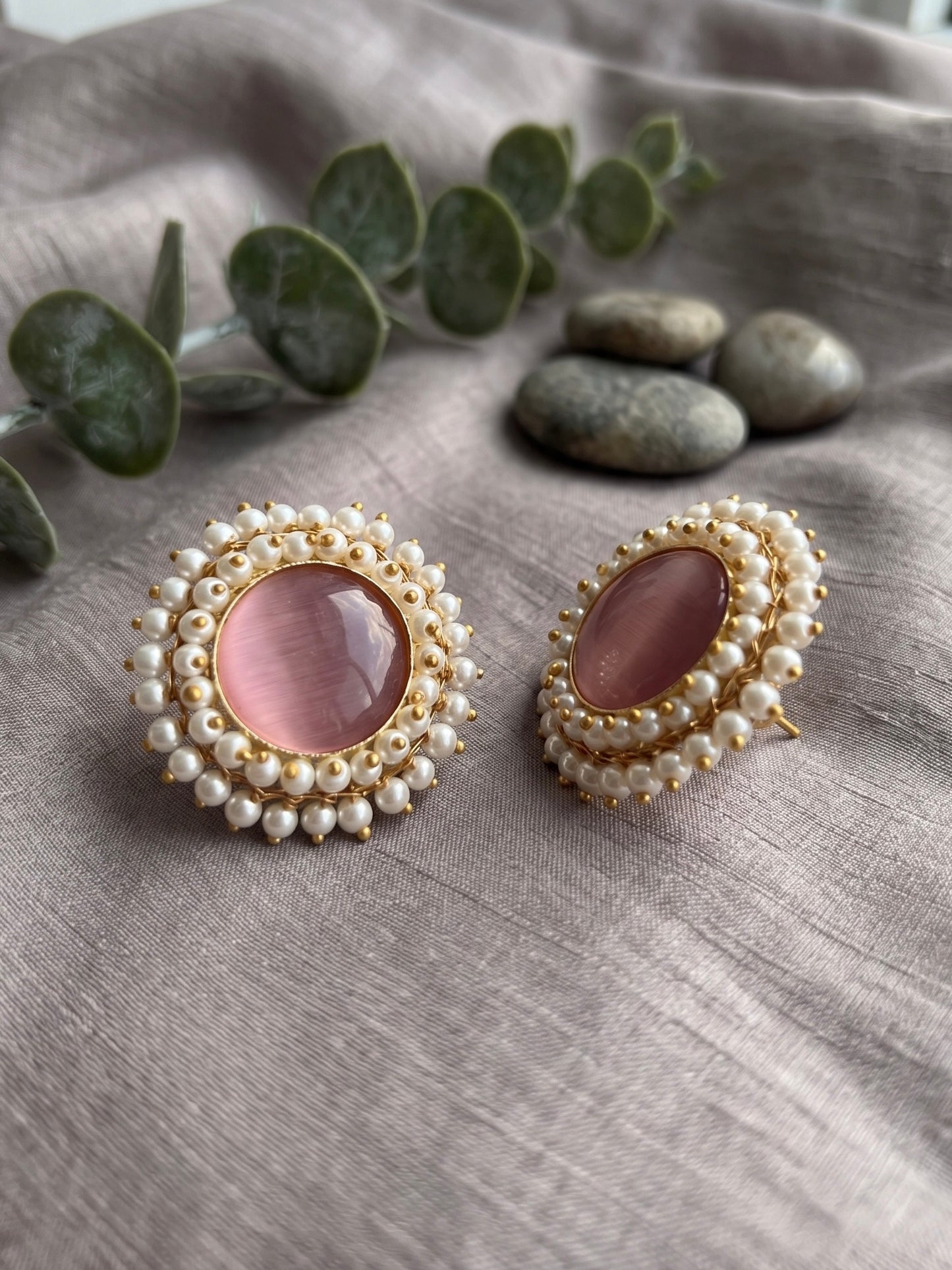 Sitara Blush Pink Pearl Round Handmade Brass Earrings