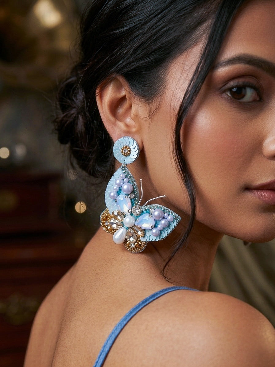 Luxe Crystal Aqua Blue Handmade Beaded Butterfly Earrings
