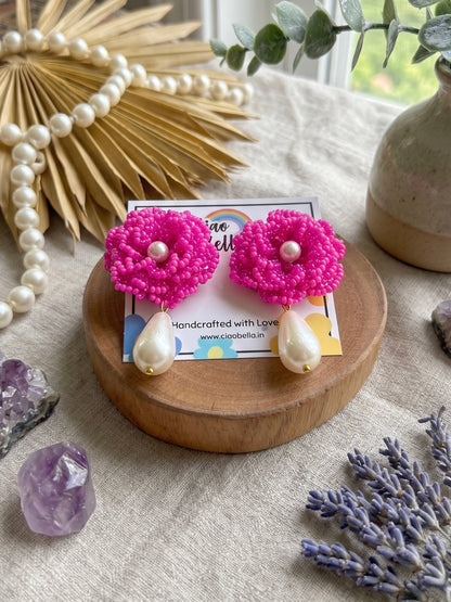 Crochet Pink 3D Rose Pearl Drops Flower Handmade Beaded Earrings