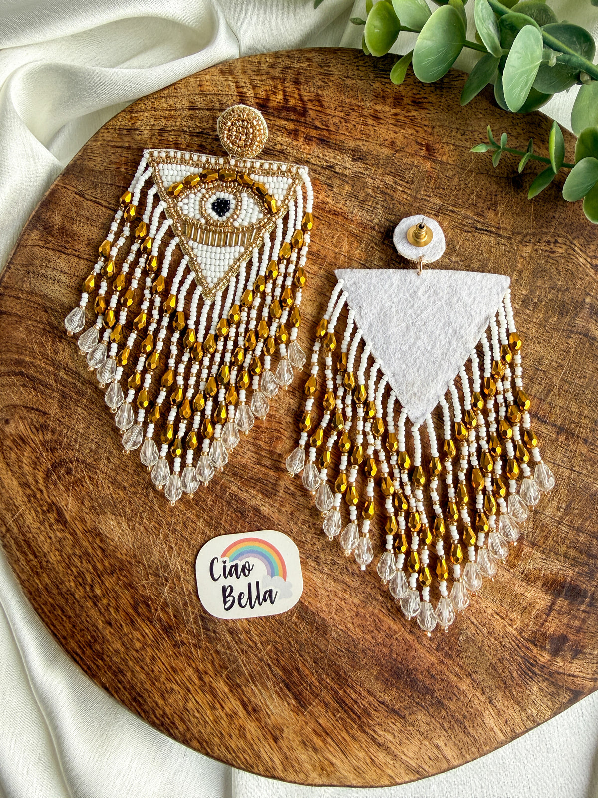 Luxe Evil Eye White Handmade Beaded Tassel Earrings