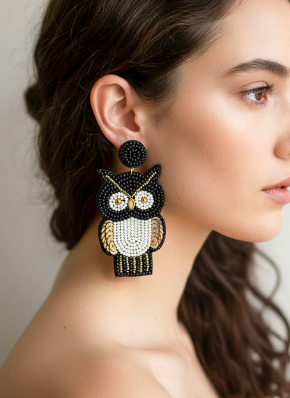 Golden Owl Handmade Beaded Bird Earrings