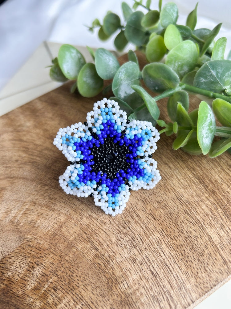 Blossoming Blue Flower Handmade Beaded Ring