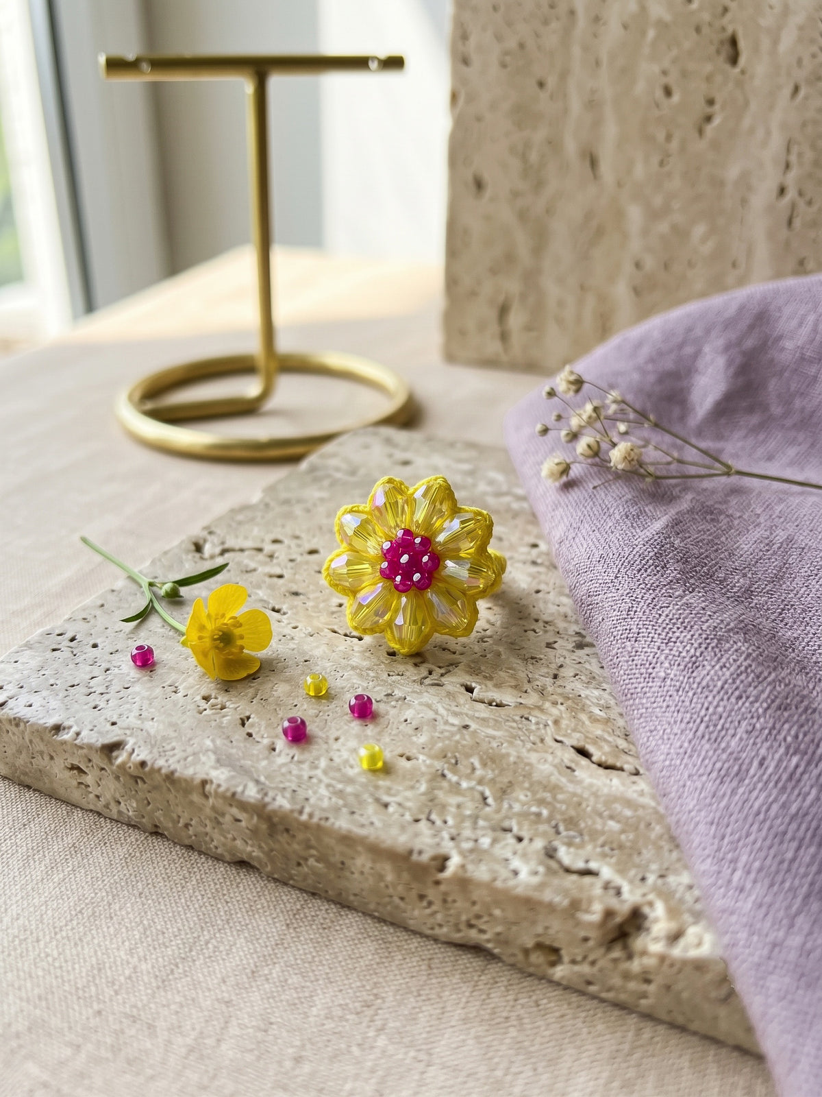 Sparkling Daisy Yellow Pink Handmade Beaded Flower Ring