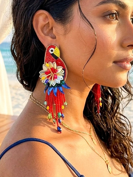 Luxe Paradise Red Parrot Handmade Beaded Bird Earrings