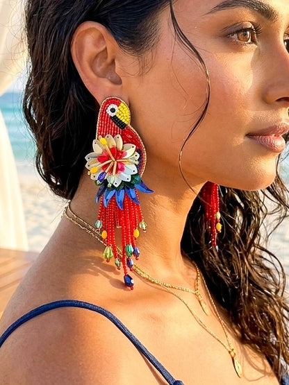 Luxe Paradise Red Parrot Handmade Beaded Bird Earrings