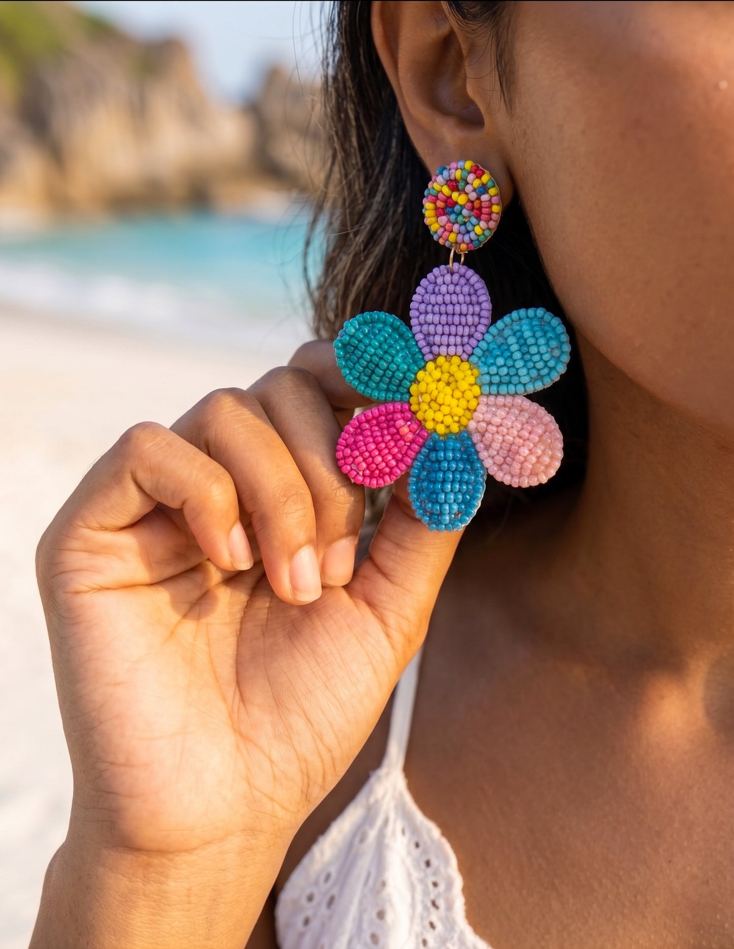 Rainbow Daisy Love Handmade Beaded Flower Earrings