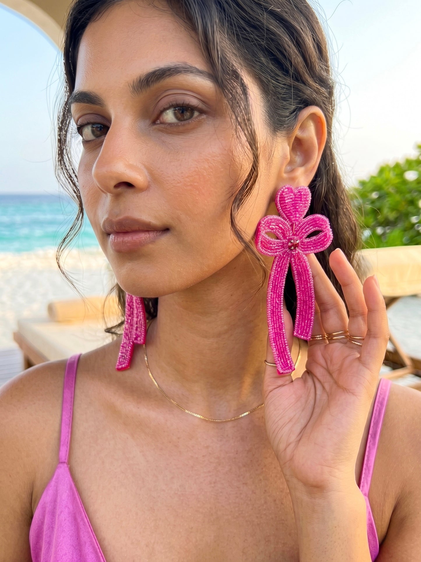 Glam Bow (Pink) Handmade Beaded Earrings
