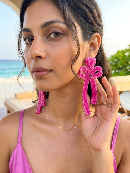 Glam Bow (Pink) Handmade Beaded Earrings