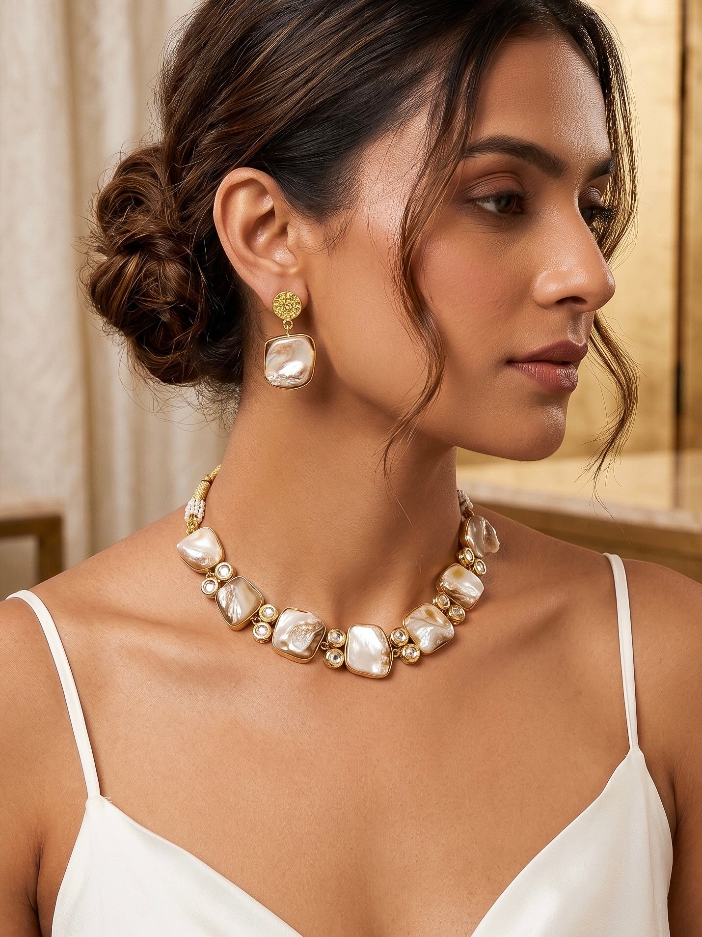 Mother Of Pearl Kundan Handmade Brass Necklace Set