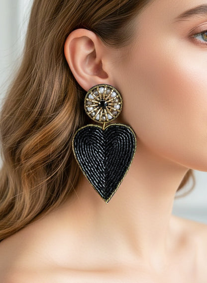 Glam Black Heart Drop Handmade Beaded Earrings