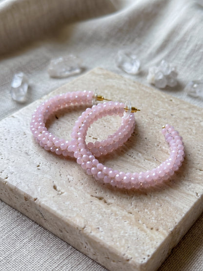 Woven Blush Pink Crystal Handmade Beaded Hoop Earrings