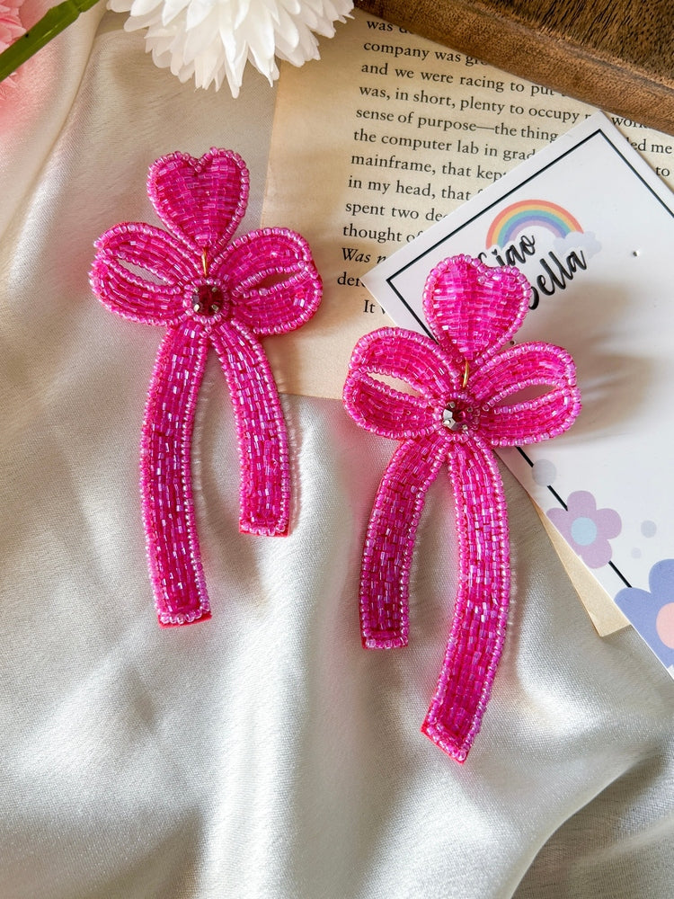 Glam Bow (Pink) Handmade Beaded Earrings