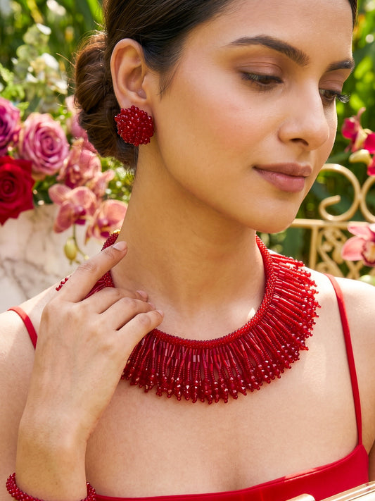 Deep Red Tassel Handmade Beaded Necklace + Earrings Set