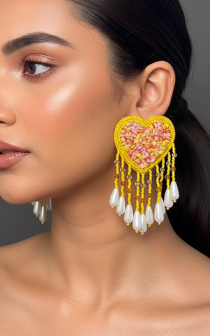 Sunny Yellow Heart Drop Yellow Tassel Handmade Beaded Earrings