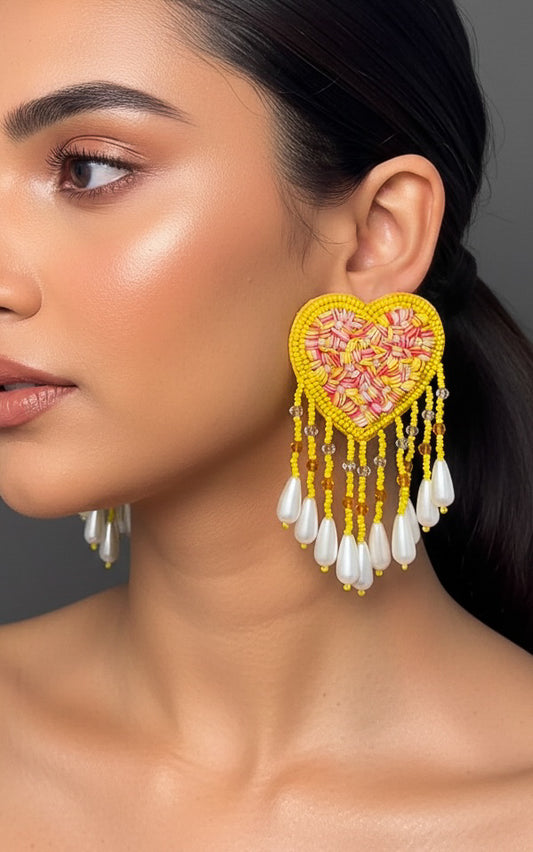 Sunny Heart Drop Tassel Handmade Beaded Earrings