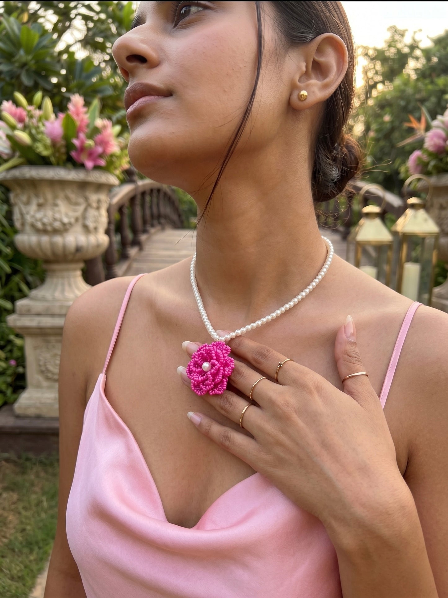 Crochet Pink 3D Rose Flower Handmade Beaded Necklace
