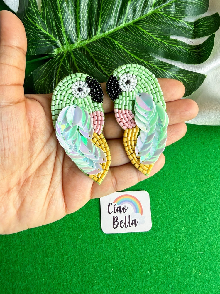 Green Parrot Handmade Beaded Bird Earrings