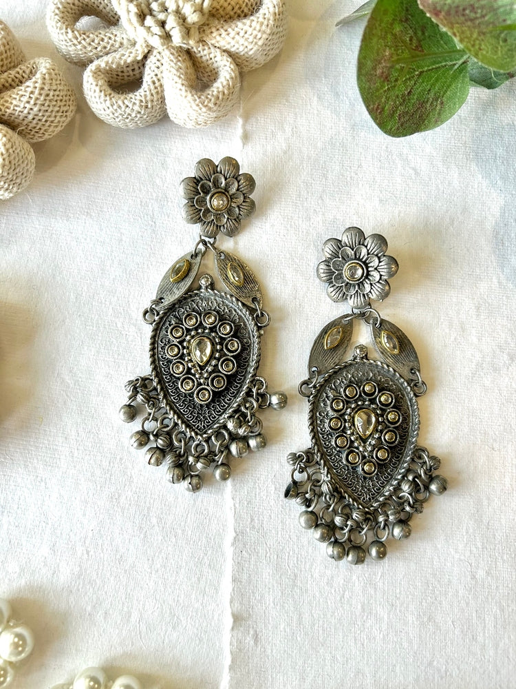 Oxidised Kundan Floral Drop Earrings