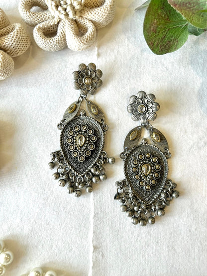 Oxidised Kundan Floral Drop Earrings