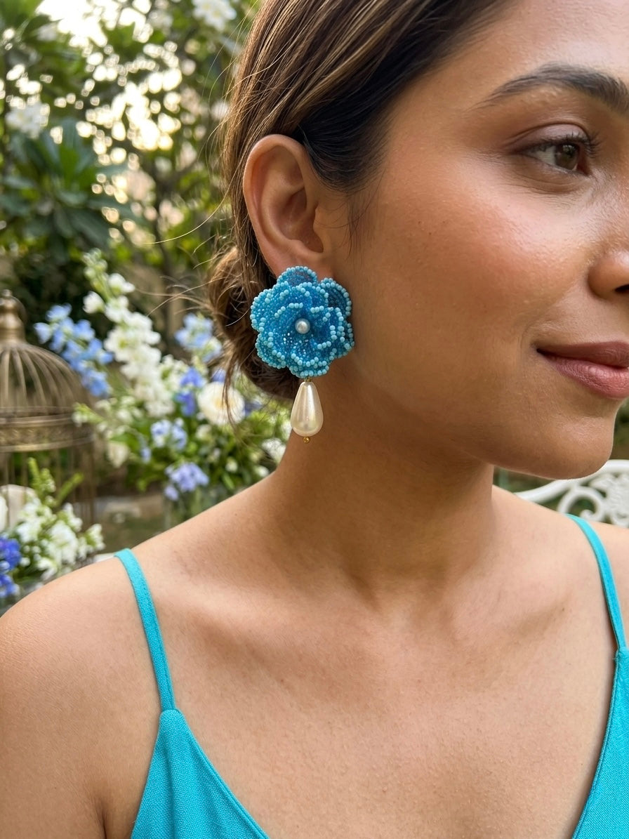 Crochet Aqua Blue 3D Rose Pearl Drops Flower Handmade Beaded Earrings