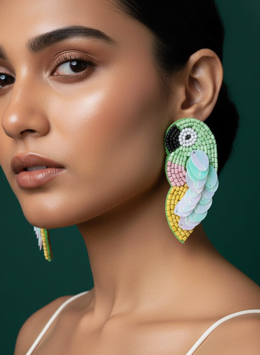 Green Parrot Handmade Beaded Bird Earrings