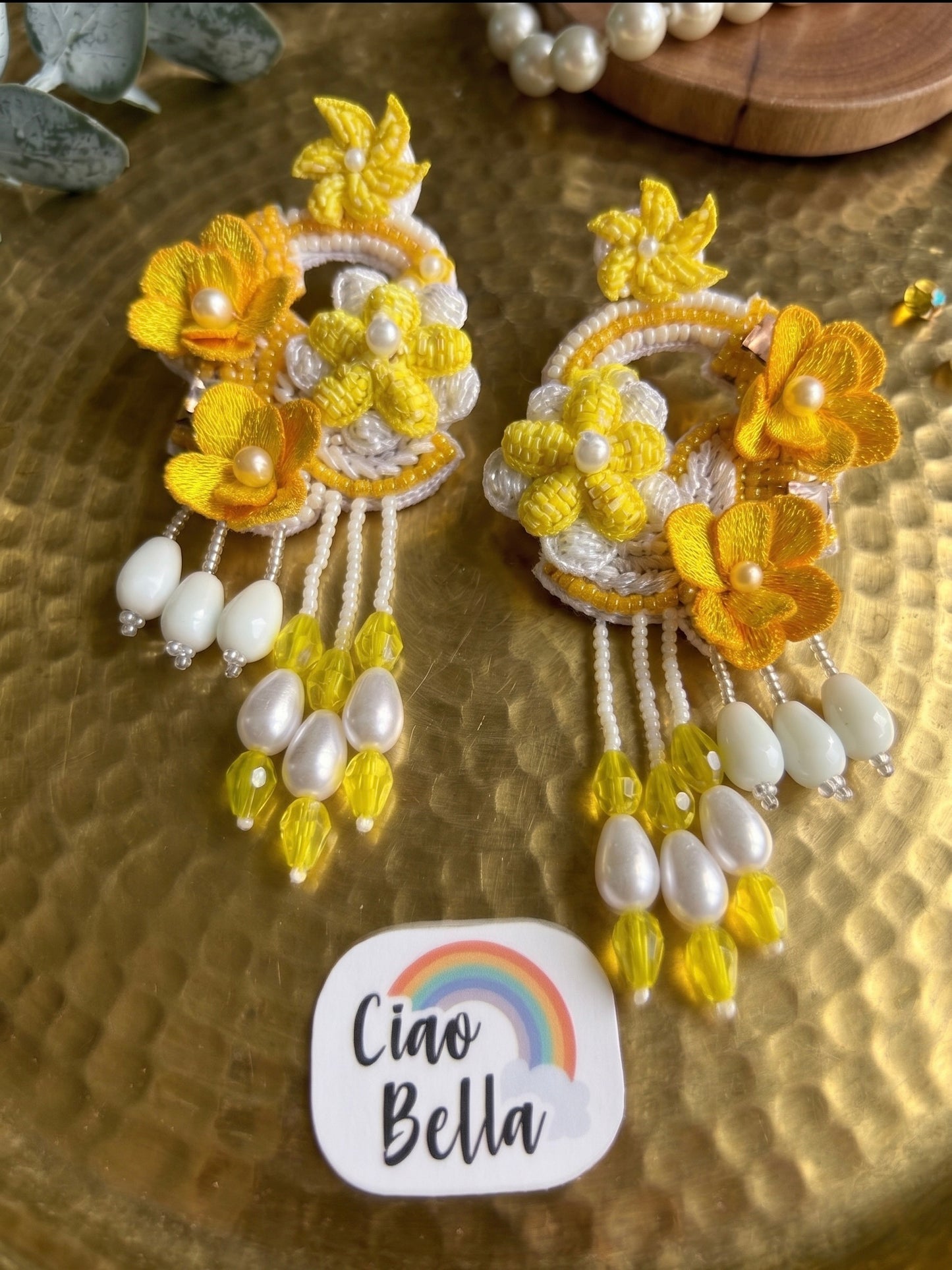 Golden Yellow Tulip 3D Flower Statement Handmade Beaded Earrings
