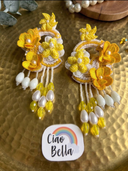 Golden Yellow Tulip 3D Flower Statement Handmade Beaded Earrings