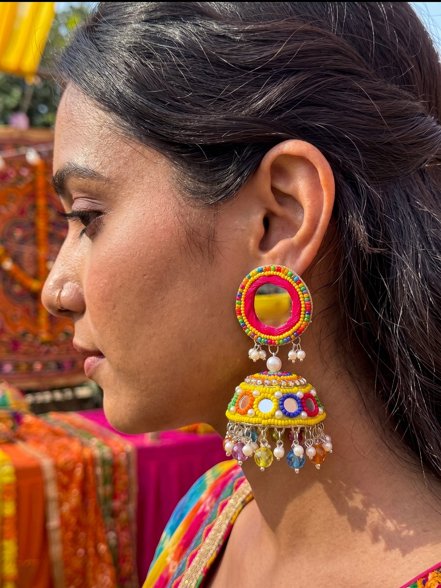 Rangili Yellow Mirror Handmade Beaded Jhumka Earrings