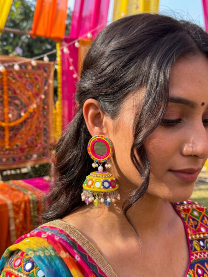 Rangili Yellow Mirror Handmade Beaded Jhumka Earrings