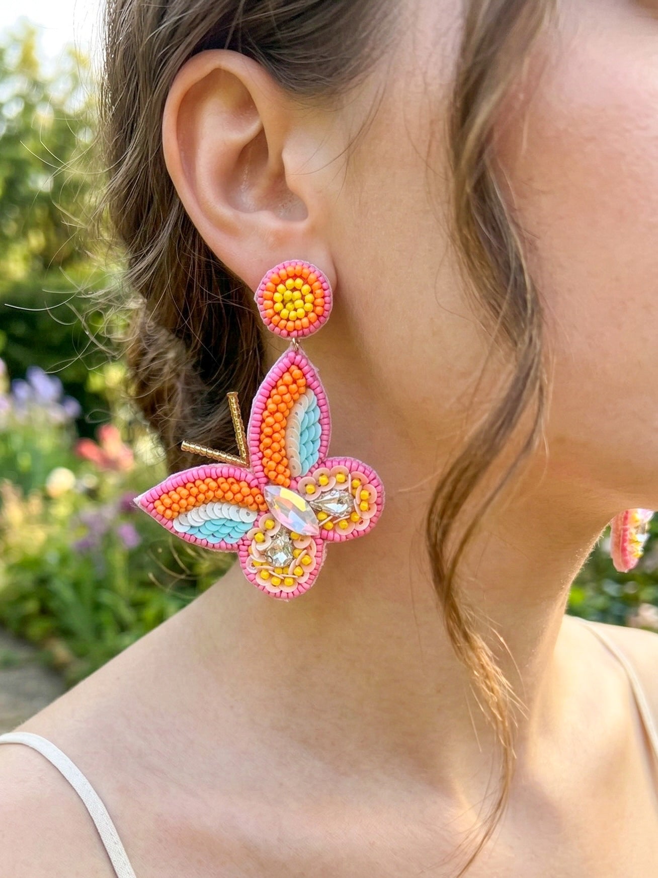 Sun-Kissed Pink Handmade Beaded Butterfly Earrings