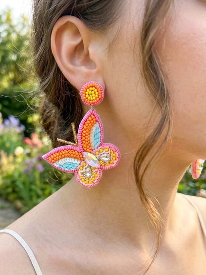 Sun-Kissed Pink Handmade Beaded Butterfly Earrings