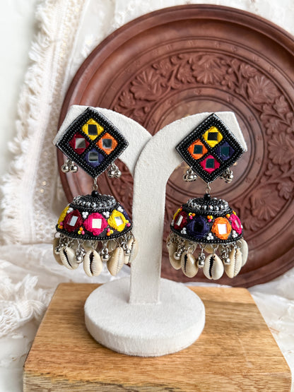 Navrang Mirror Handmade Beaded Jhumka Earrings