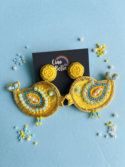 Chirpy Birdie Yellow Aqua Blue Handmade Beaded Earrings