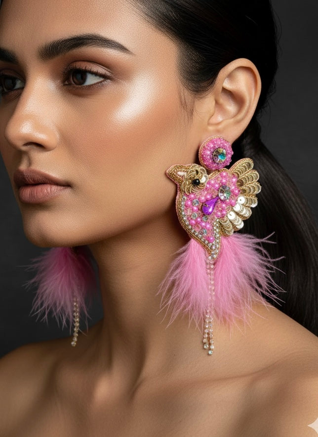 Glamorous Pink Birdies Handmade Beaded Bird Earrings