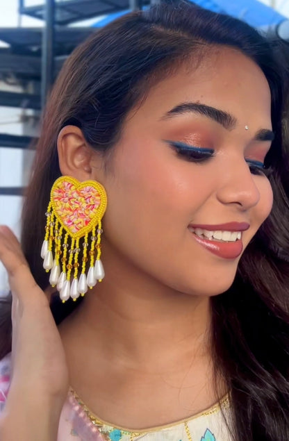 Sunny Heart Drop Tassel Handmade Beaded Earrings