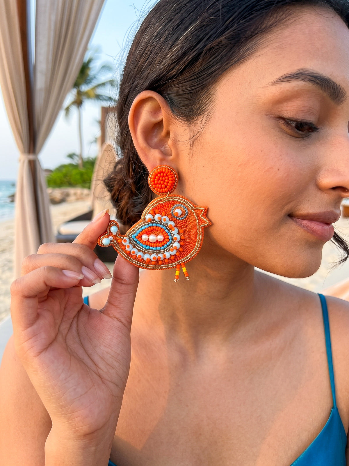 Chirpy Birdie Orange Handmade Beaded Earrings
