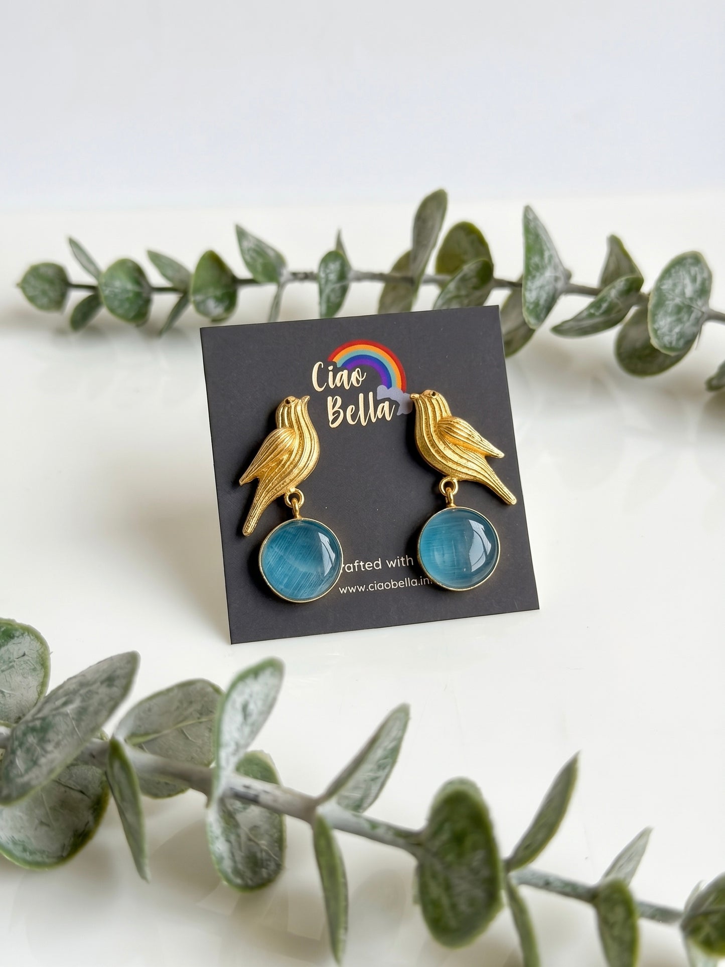 Hello Birdie Handmade Brass Earrings - Aqua Round