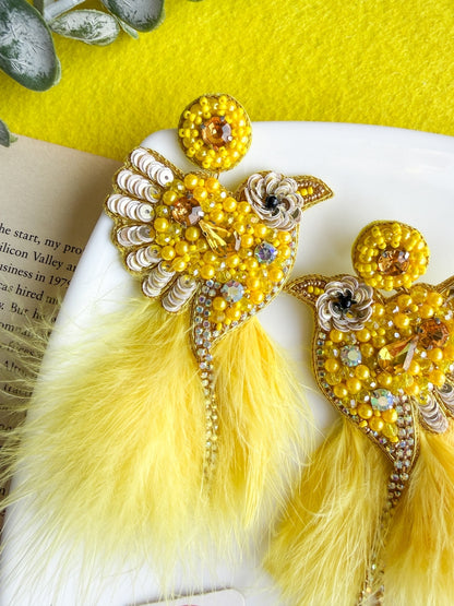 Glamorous Yellow Birdies Handmade Beaded Bird Earrings