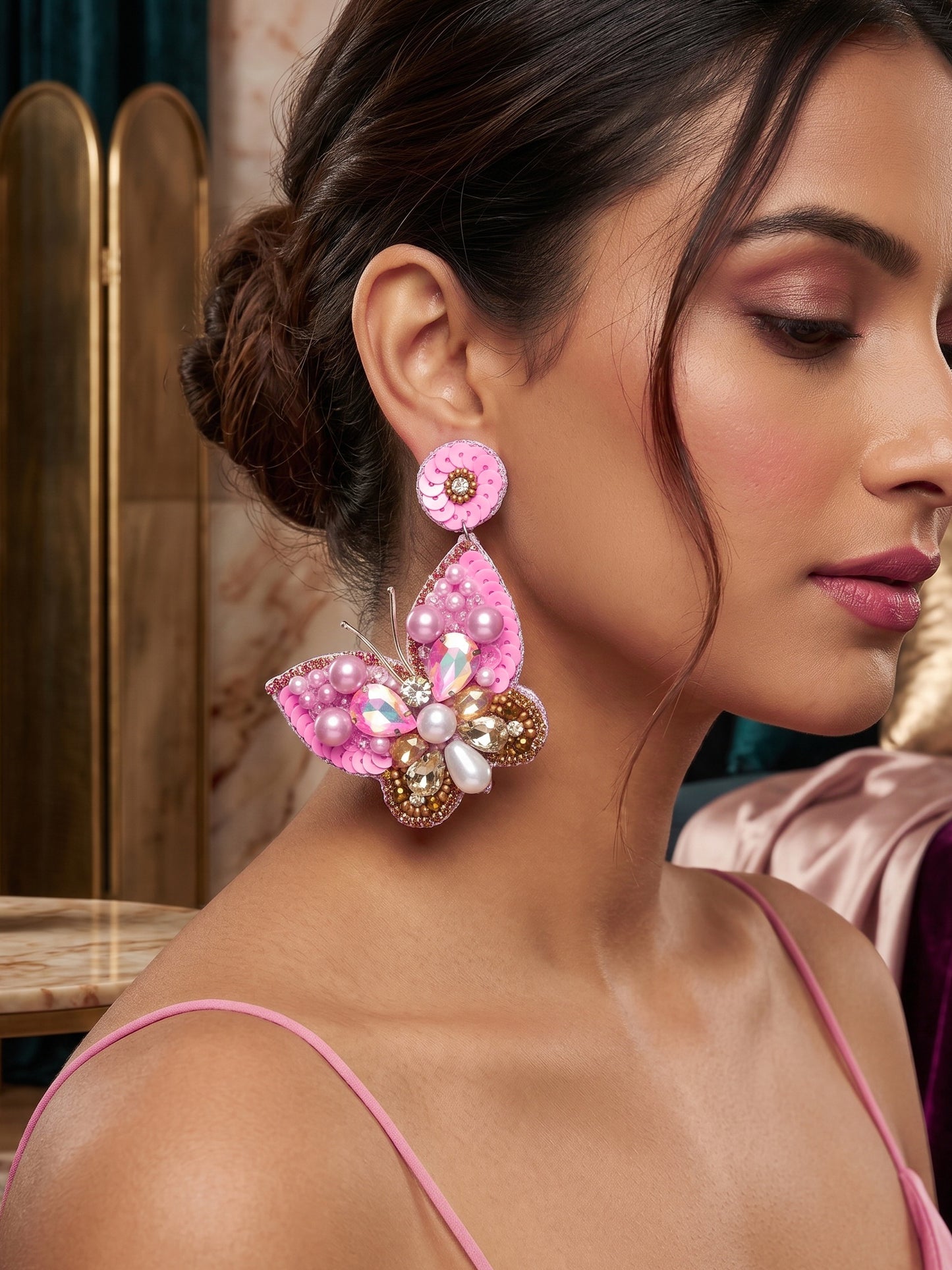 Luxe Crystal Light Rose Pink Handmade Beaded Butterfly Earrings