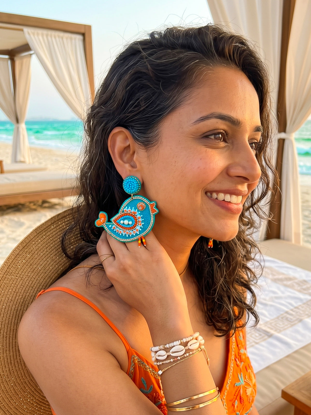 Chirpy Birdie Blue Orange Handmade Beaded Earrings
