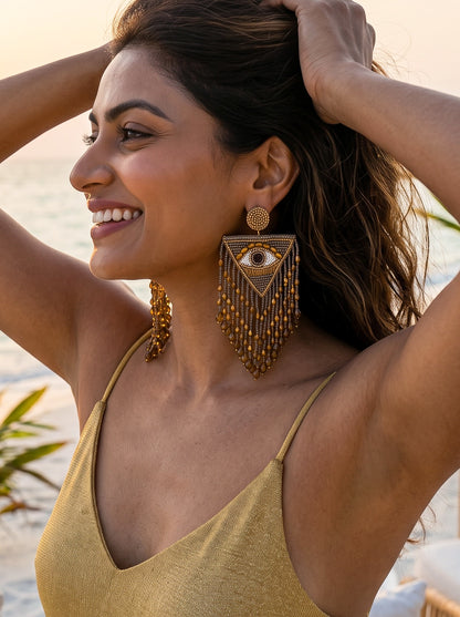 Luxe Evil Eye Bronze Handmade Beaded Tassel Earrings