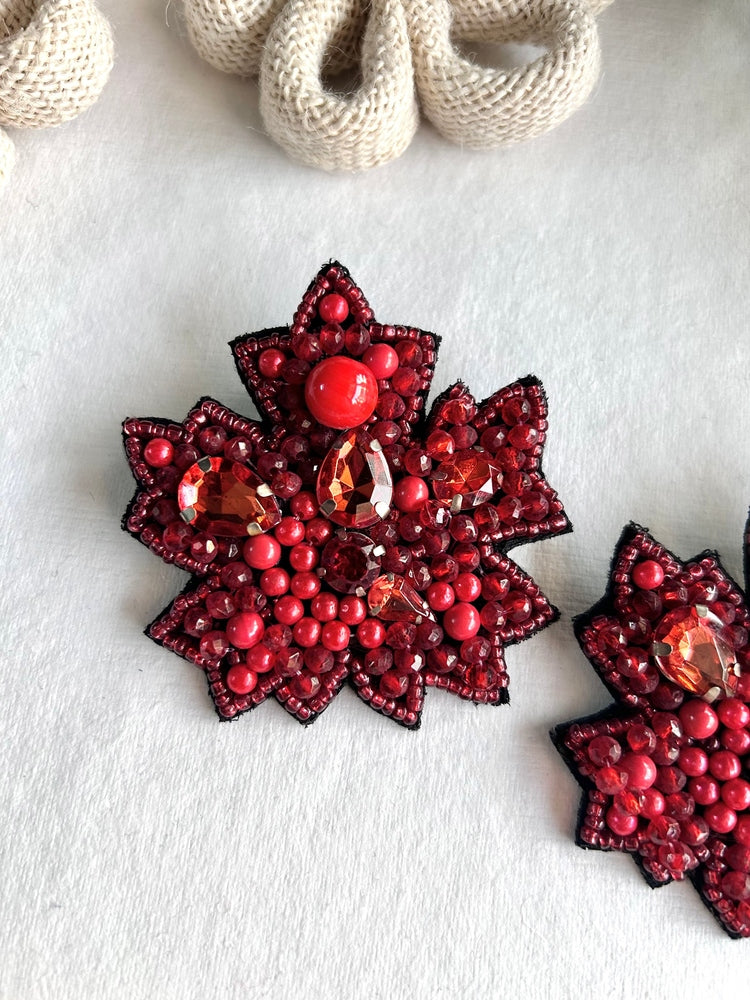 Red Autumn Leaf Handmade Beaded Earrings