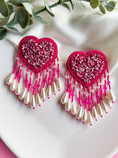 Hot Pink Heart Drop Handmade Beaded Tassel Earrings