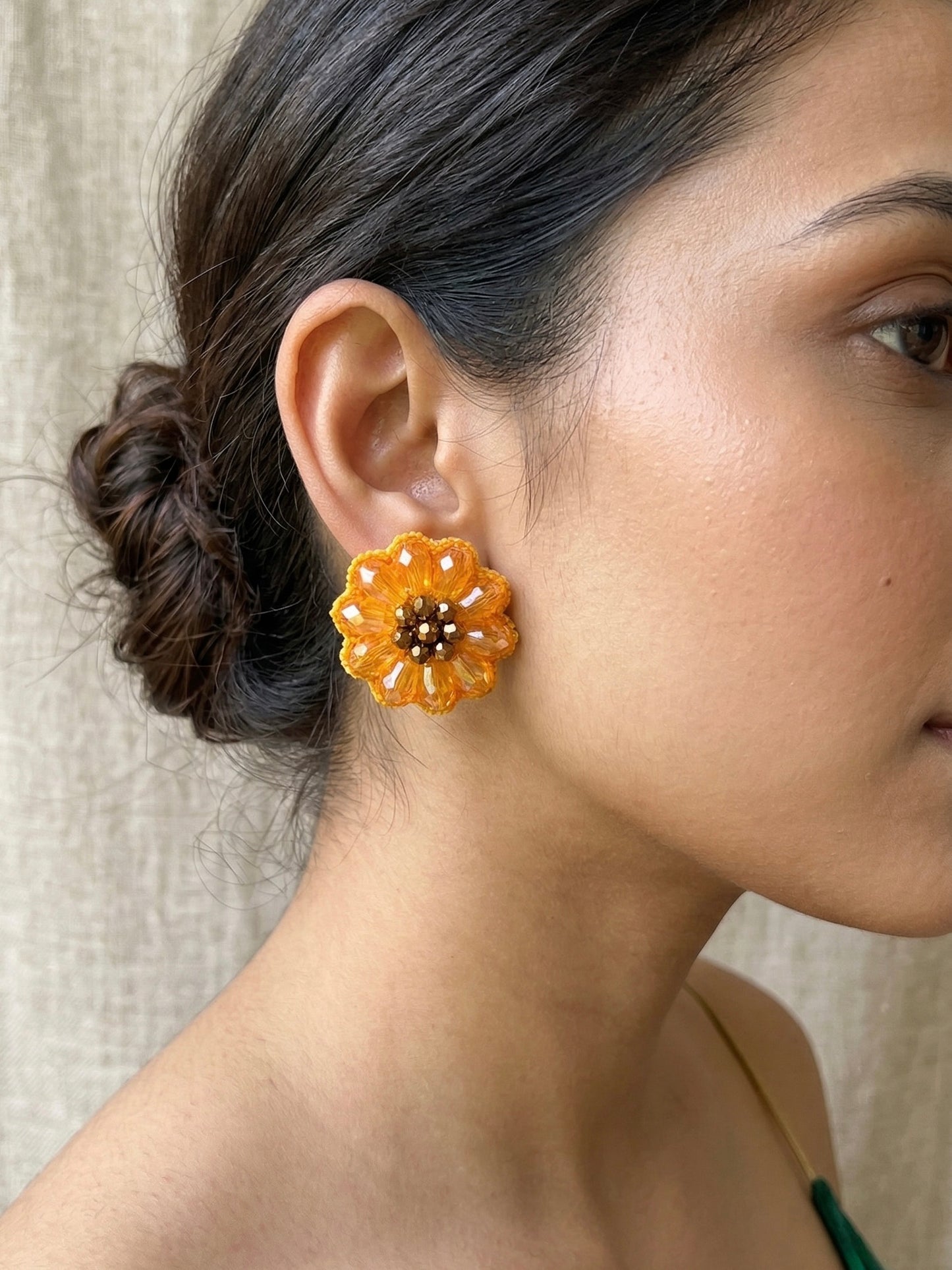 Sparkling Yellow Sunflower Handmade Beaded Stud Earrings
