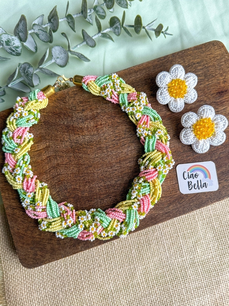 Luxe Flora Green Pink Yellow Handmade Beaded Necklace + Earrings Set