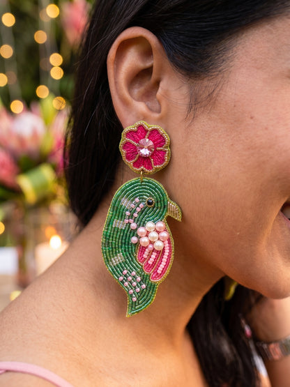 Blooming Birdie Green Pink Handmade Beaded Earrings