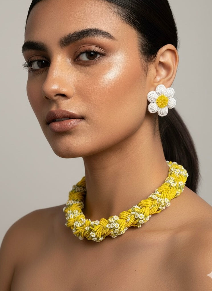 Luxe Flora Yellow Handmade Beaded Necklace + Earrings Set