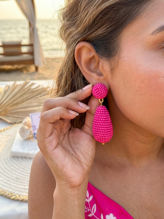 Fuchsia Pink Drop Handmade Beaded Earrings