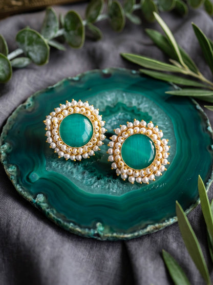 Sitara Green Pearl Round Handmade Brass Earrings
